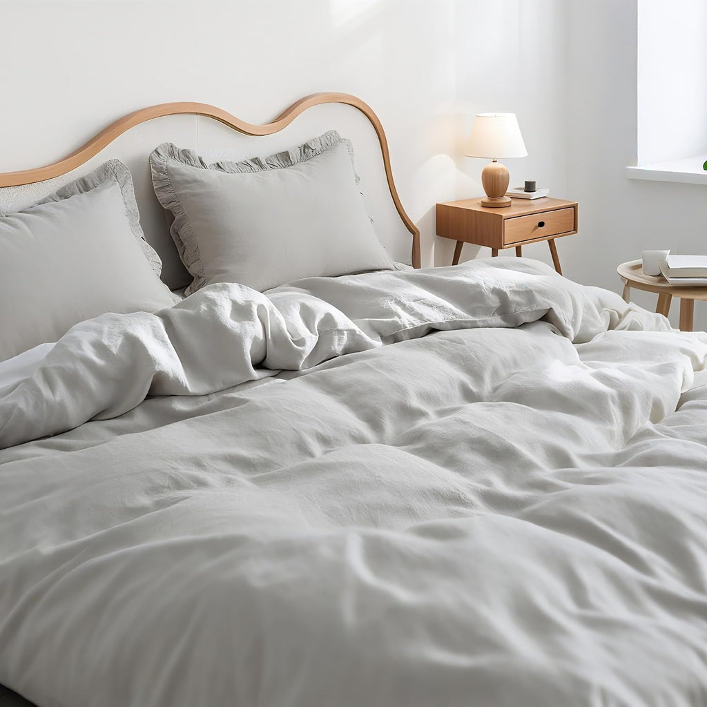 Simple&Opulence 100% Linen Duvet Cover Set, 3 PCS Natural French Flax Light Grey Ruffle Duvet Cover Full Size, Breathable Comfy Linen Bedding Comforter Cover with 2 Pillowcases (Light Grey, 78' X 86')