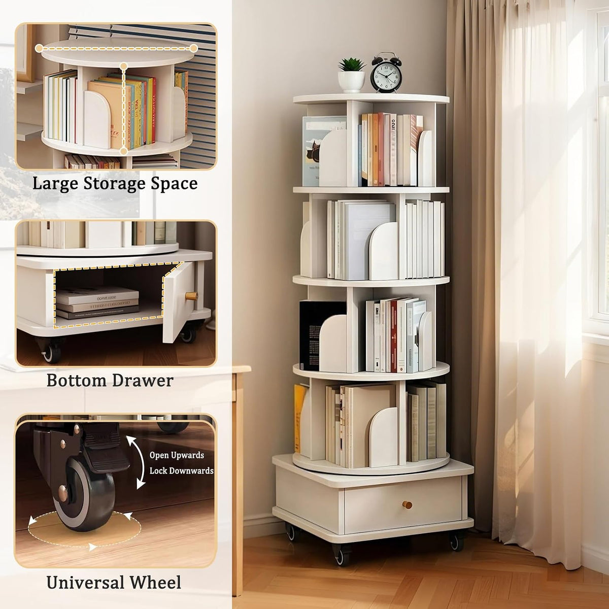 KEIKI 5-Tier Rotating Tower Spinning Bookshelf with 360°Swivel Wheels & Square Storage Drawer Base,Narrow Rolling Bookcase for Small Space,Corner,Bedroom,Office,White
