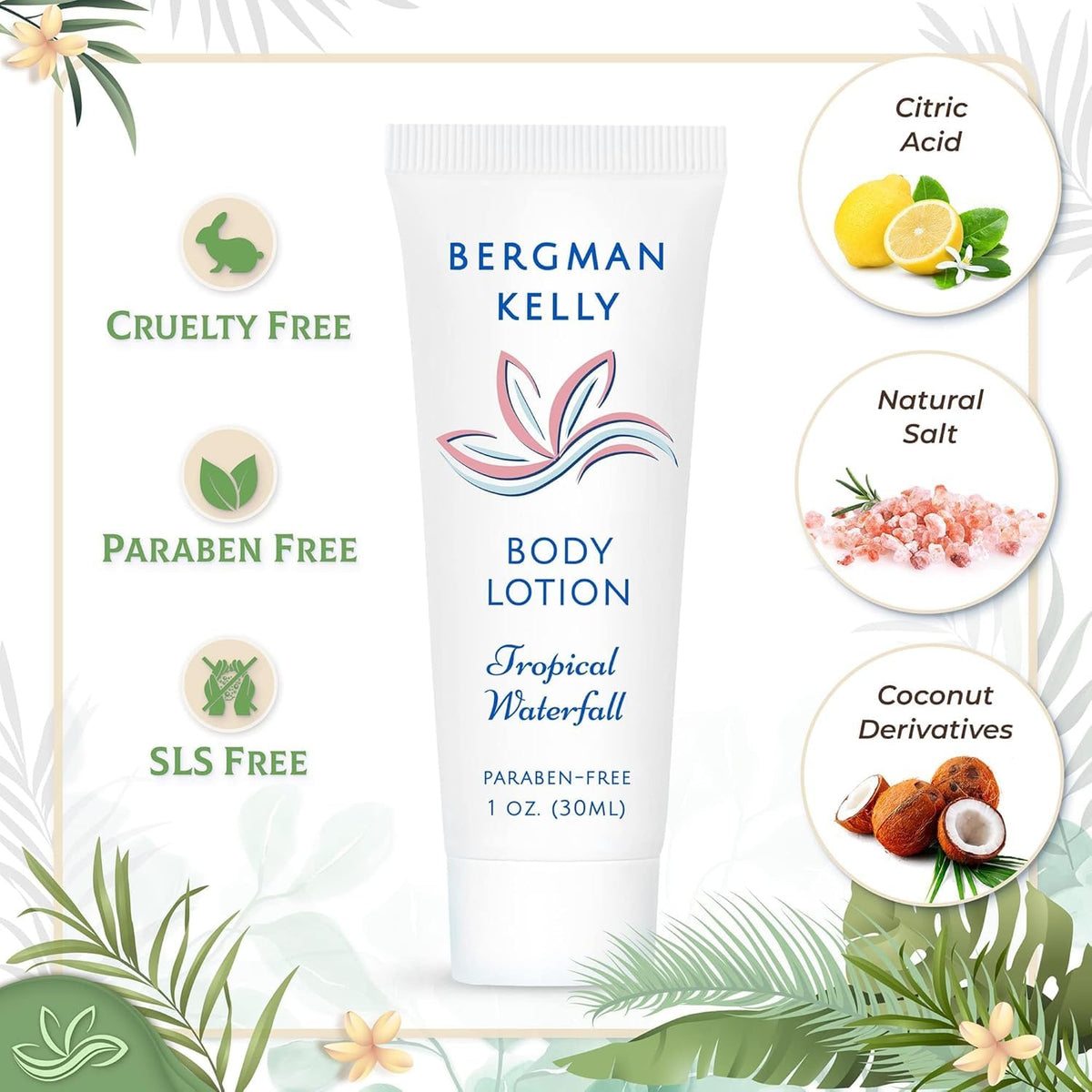 Bergman Kelly - Hotel Toiletries Bundle - Tropical Waterfall, 1 oz each, 18800 pcs - 4-Piece Set: Rectangular Bar Soap, Shampoo, Conditioner & Body Lotion (4700 each) - Bulk Mini Guest Amenities