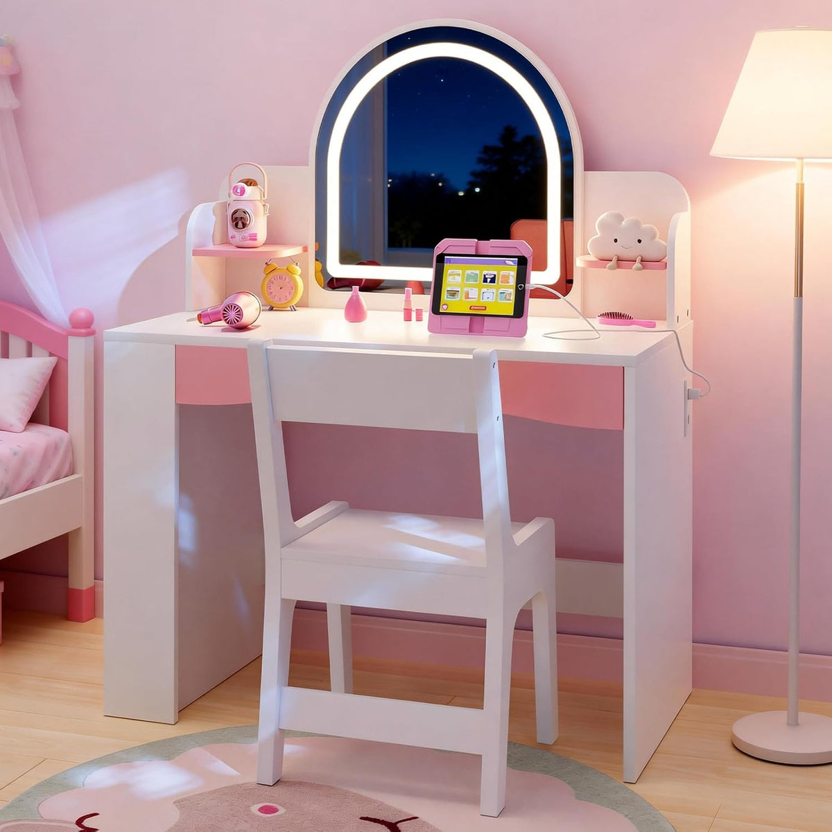 Teckid Kids Vanity Table and Chair Set with Lights, Toddler Vanity Desk for Girls, Princess Makeup Vanity for Kids with Storage Shelves, Open Bookshelf and Stools, White