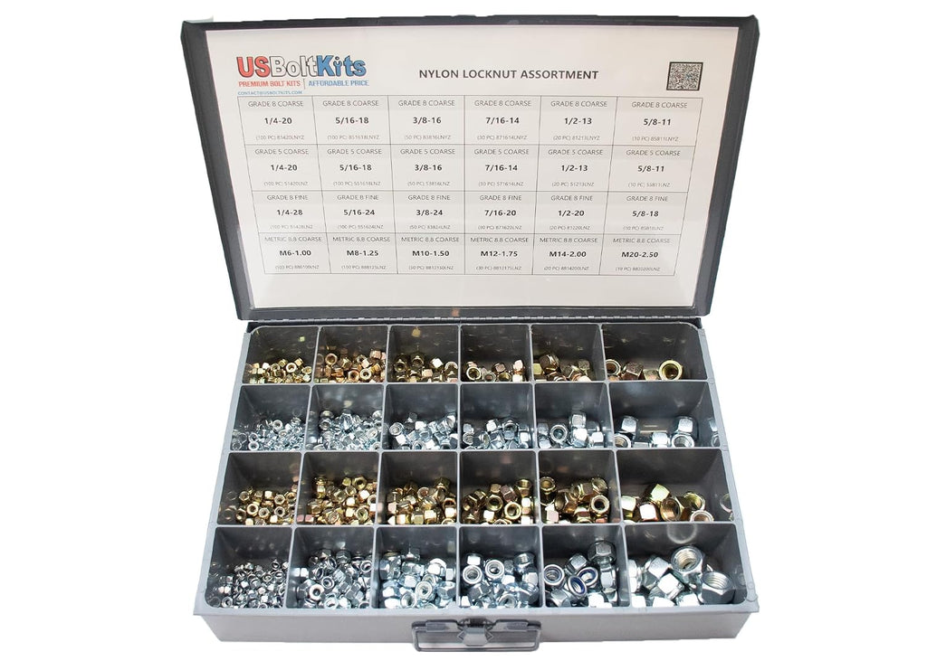 1200pcs Nylon Locknut Assortment USS, SAE, and Metric | Coarse and Fine Thread Grade 8, 5, and 8.8 (See Description for Quantities)