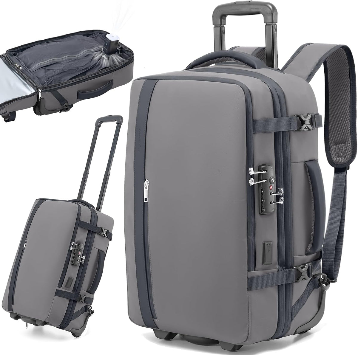 Fanwoli Vacuum Rolling Travel Backpack, Carry On Luggage with TSA Lock & Anti Theft Zipper, 70L Expandable Airbag Backpack with Compression Pump, Waterproof Laptop Bag Ideal for Flight & Business,Grey