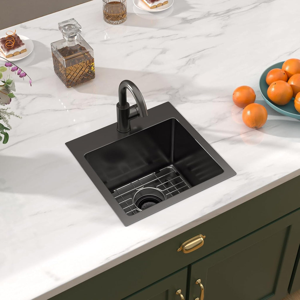 15x15 Inch Black Drop In Bar Sink with Faucet, 16 Gauge T-304 Stainless Steel Single Bowl Wet Prep Sink for Kitchen Bar, RV, Outdoor, and Boat, Gunmetal Black #TLT-0017