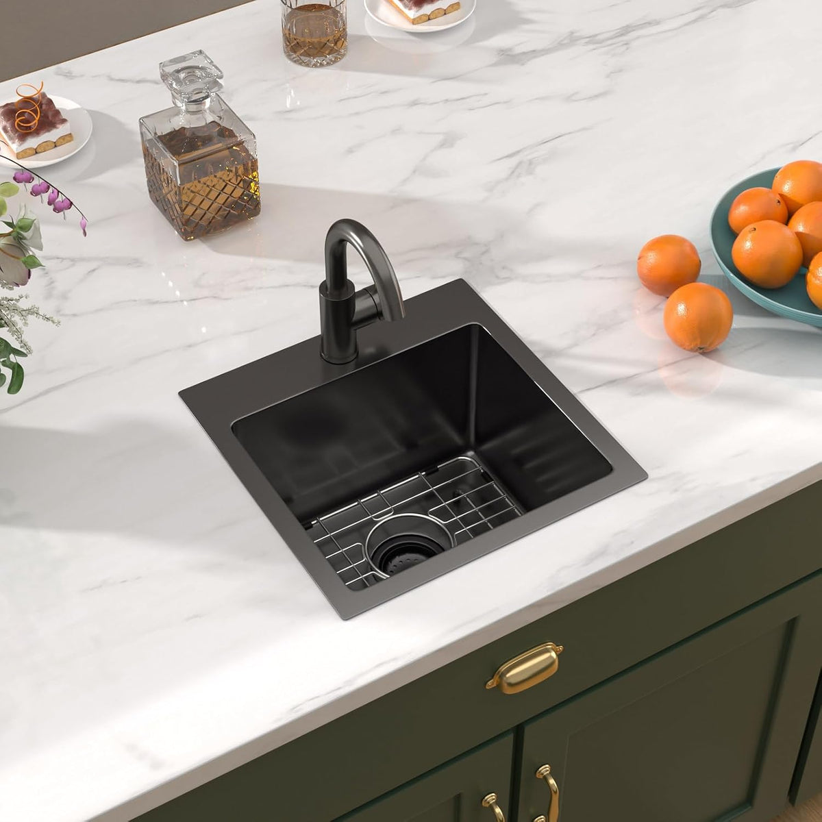 15x15 Inch Black Drop In Bar Sink with Faucet, 16 Gauge T-304 Stainless Steel Single Bowl Wet Prep Sink for Kitchen Bar, RV, Outdoor, and Boat, Gunmetal Black #TLT-0017