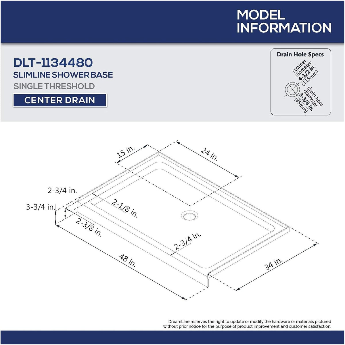 DreamLine 34 in. D x 48 in. W x 76 3/4 in. H Center Drain Acrylic Shower Base and QWALL-5 Backwall Kit In White, DL-6071C-01