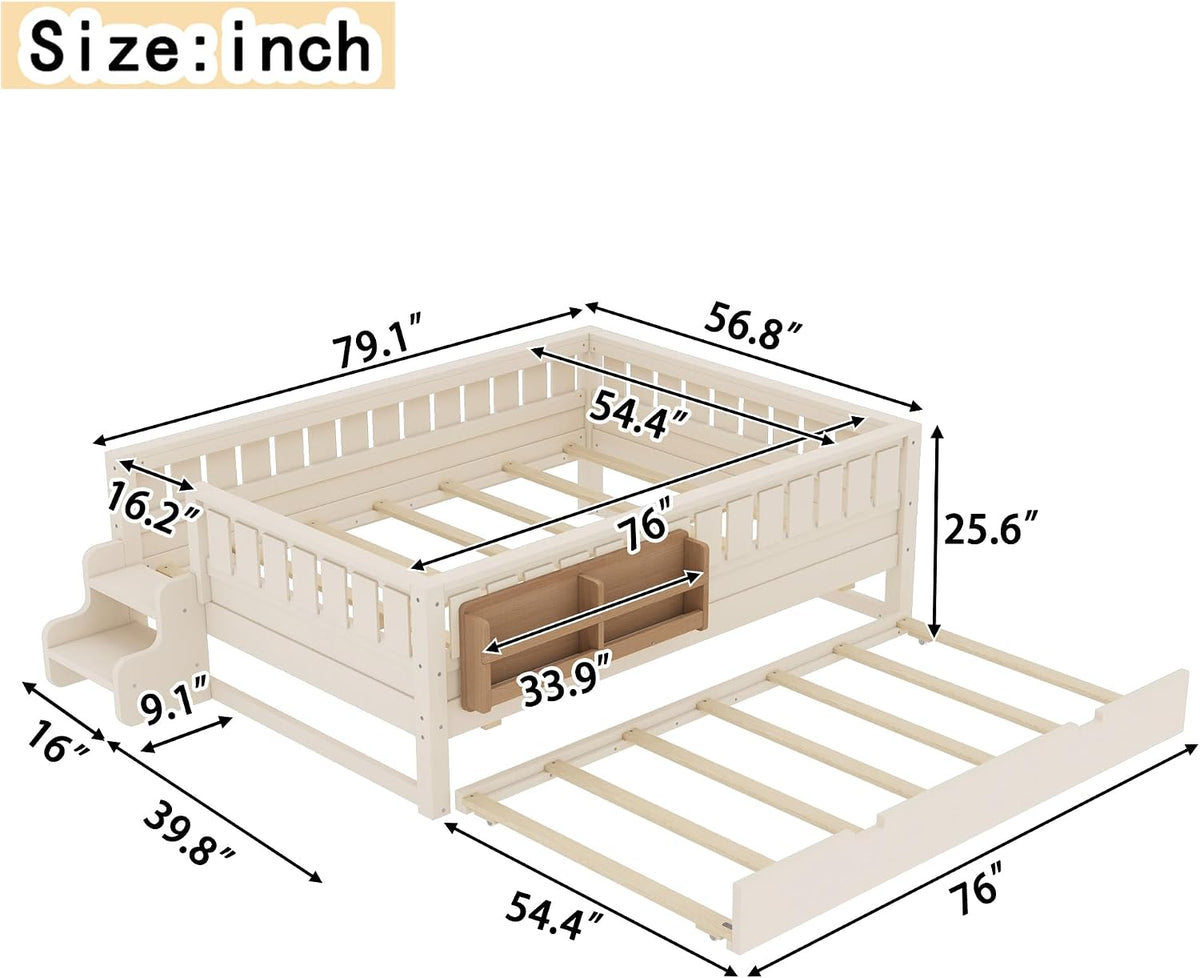 Bellemave Full Bed with Trundle and Stairs, Full Size Platform Bed Frame with Fence and Bookshelf, Easy Assemble Beds for Kids, Girls, Boys, Beige