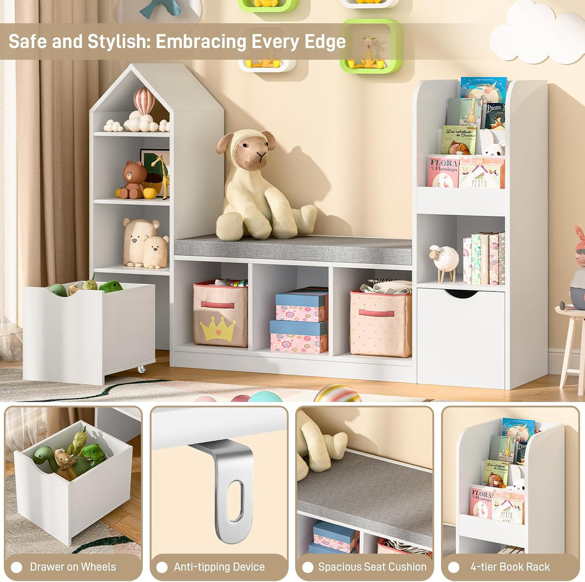 Befrases 55.12''Kids Bookshelf with Reading Nook, Toy Storage Organizer with Seat Cushion and 2 Movable Drawers, Kids Bookcase Toy Organizers with 7 Storage Cubbies, for Playroom, Bedroom, White