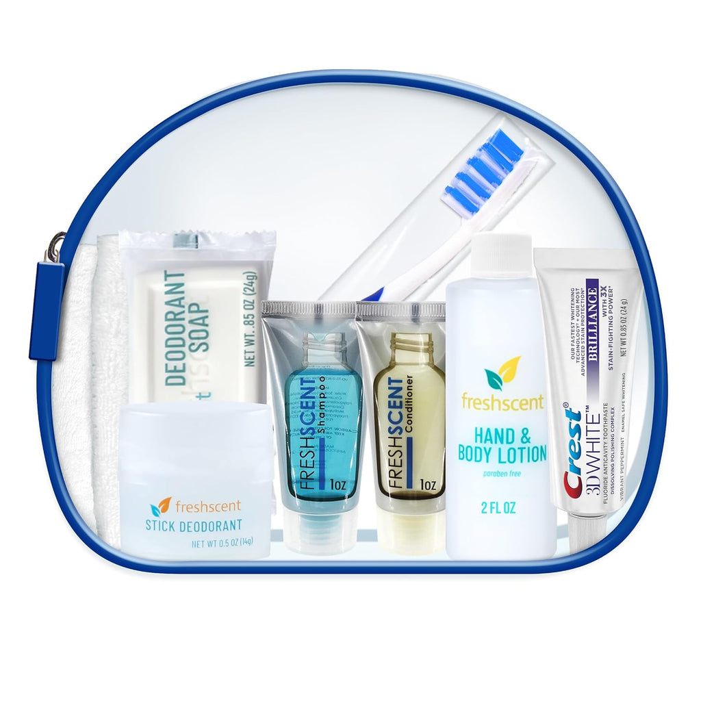 Convenience Kits International Unisex 10 Piece Hygiene Travel Kit with Shampoo, Conditioner, Lotion, Soap, Deodorant, Crest Toothpaste, Toothbrush, Cotton Washcloth (896 Kits)