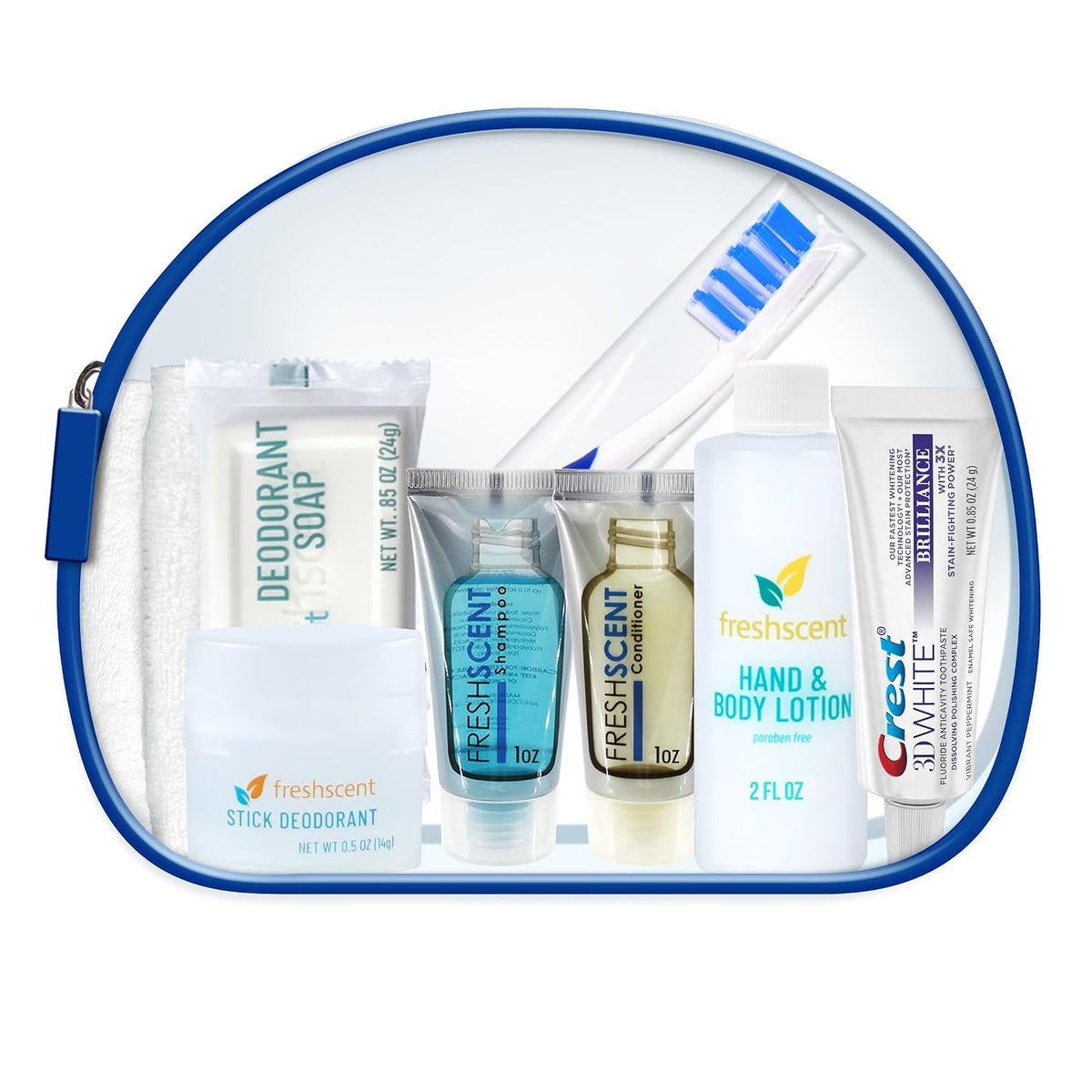 Convenience Kits International Unisex 10 Piece Hygiene Travel Kit with Shampoo, Conditioner, Lotion, Soap, Deodorant, Crest Toothpaste, Toothbrush, Cotton Washcloth (896 Kits)