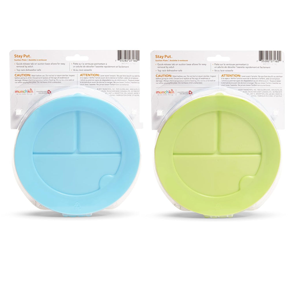 Munchkin Stay Put Suction Plates for Baby and Toddler,3 Divided Sections,Blue/Green,(Pack of 9)