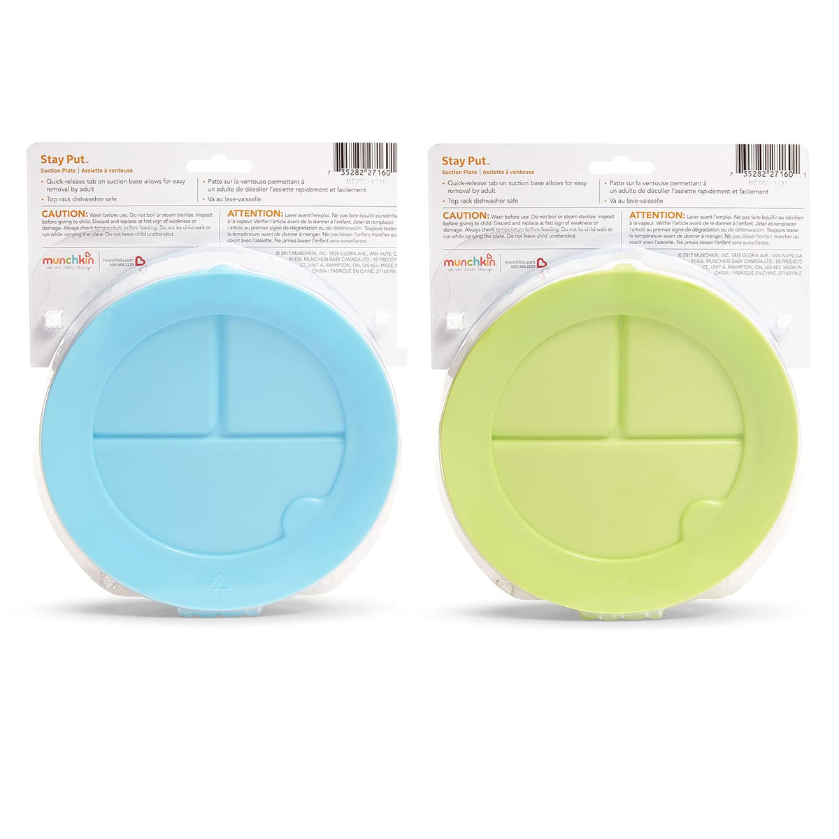 Munchkin Stay Put Suction Plates for Baby and Toddler,3 Divided Sections,Blue/Green,(Pack of 9)