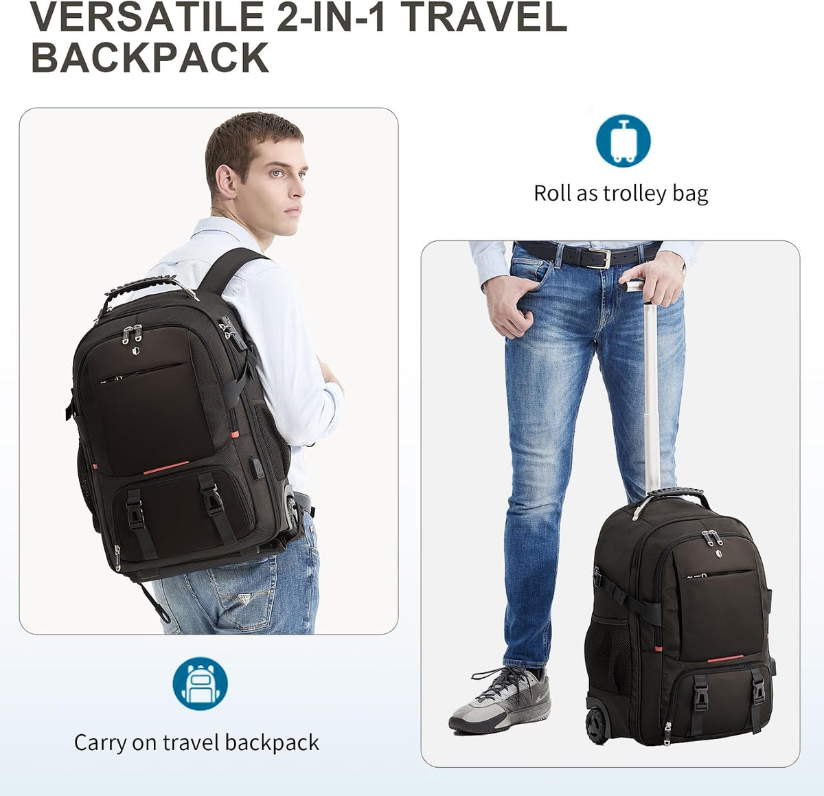 Backpack with wheels,rolling backpack with 2 Packing Cubes and compression bags,Laptop Compartment,Water Resistant Luggage suitcase,Air Travel,Weekend Trips (Brown)