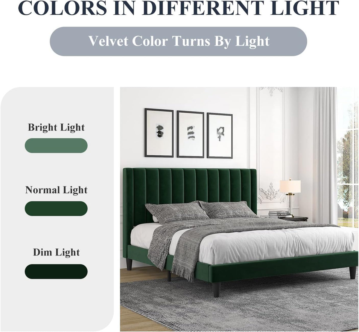 Allewie King Bed Frame/Velvet Upholstered Bed Frame with Vertical Channel Tufted Headboard/Strong Wooden Slats/Platform Bed Frame/Mattress Foundation/Box Spring Optional/Easy Assembly/Green