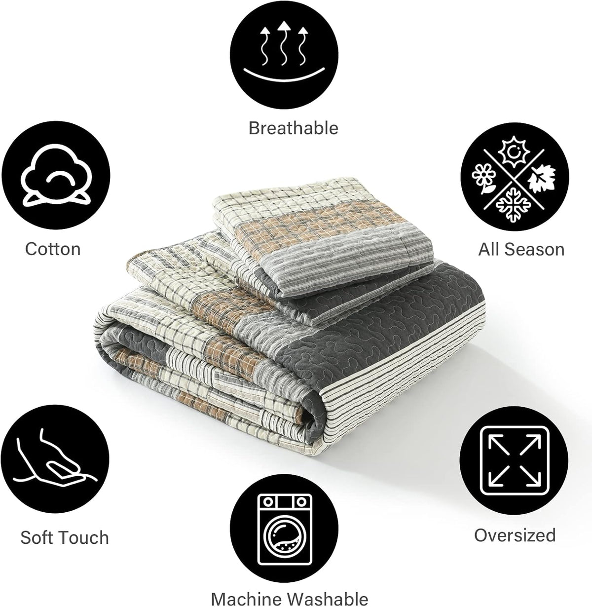 PANGUSHAN 100% Cotton Quilt Set King Size, Patchwork King Quilt Bedding Set Bedspreads, Farmhouse Lightweight Comforter Reversible Quilt, White/Brown/Grey Bed Spread for All Season, 3 Pieces