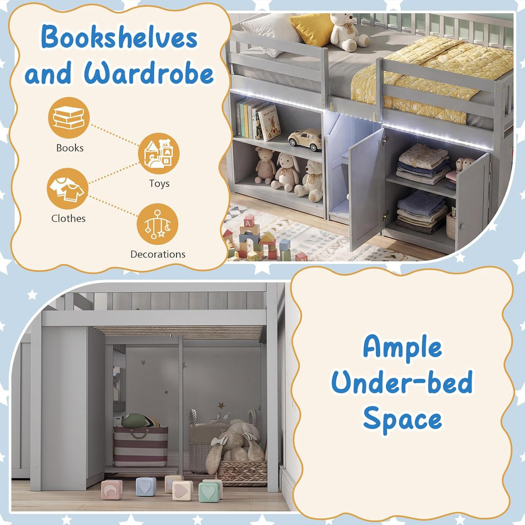Giantex Low Loft Bed Twin Size with LED Lights, Wooden Bed Frame w/Stairs, Safety Guardrails, Storage Cabinet, Bookshelf & Under-Bed Play Space, Modern Kids Loft Bed for Boys Girls (Grey)