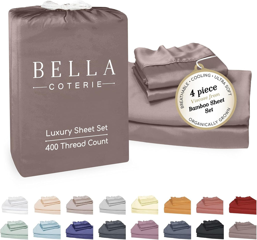 Bella Coterie Luxury Bamboo Viscose King Size Sheet Set | 100% Organically Grown | Ultra Soft | Cooling for Hot Sleepers | 18' Deep Pocket [Mocha]