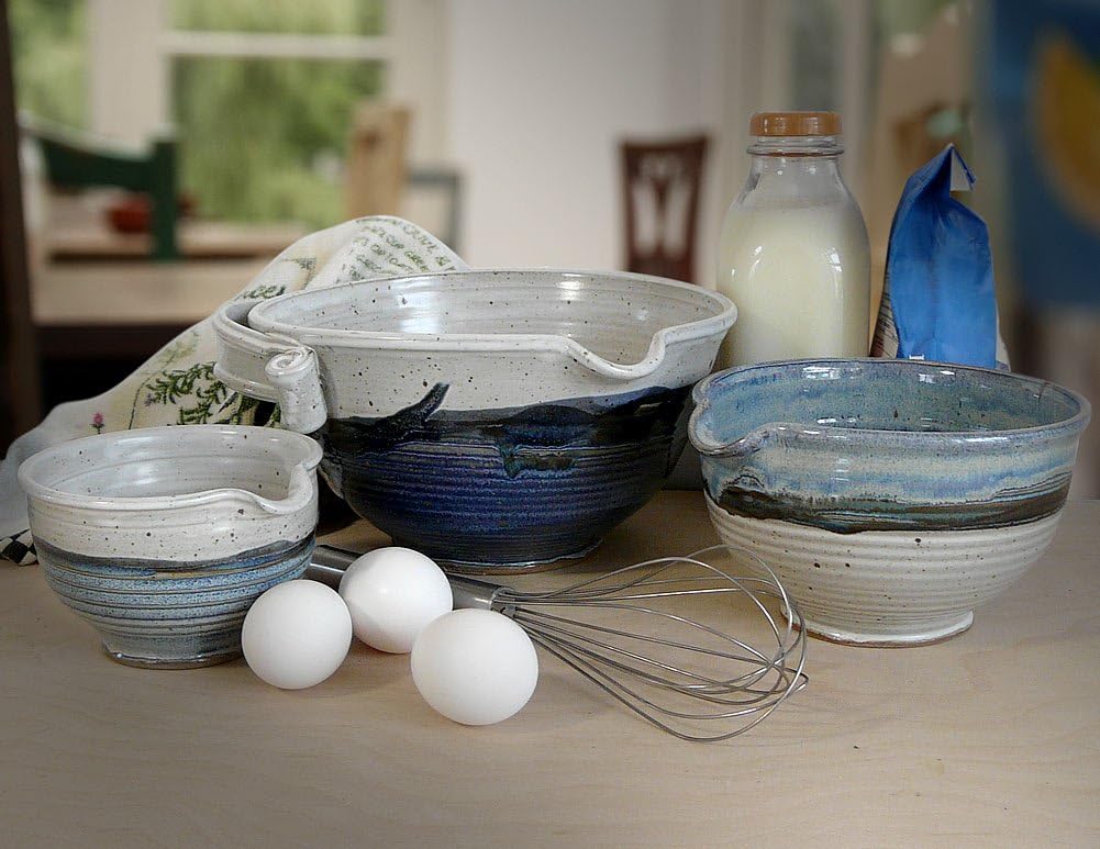 American Made Stoneware Pottery Batter Bowls, 3-Piece Nesting Set, French Blue Glaze