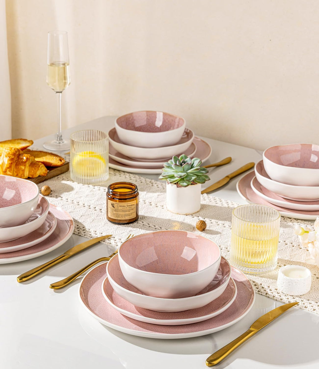GBHOME Stoneware Dinnerware Sets for 6, 24 Pieces Rustic Ceramic Plates and Bowls Set, Handmade Reactive Glaze Plate Sets, Highly Chip Resistant Dishes, Microwave & Dishwasher Safe, Pink