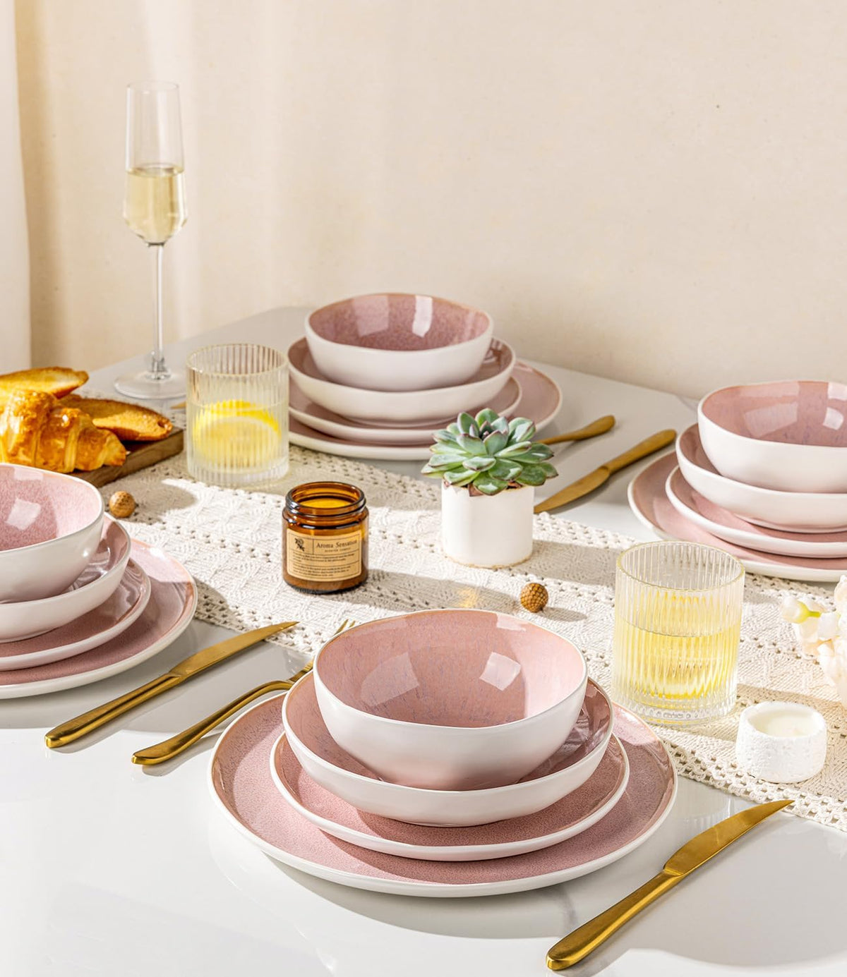 GBHOME Stoneware Dinnerware Sets for 6, 24 Pieces Rustic Ceramic Plates and Bowls Set, Handmade Reactive Glaze Plate Sets, Highly Chip Resistant Dishes, Microwave & Dishwasher Safe, Pink