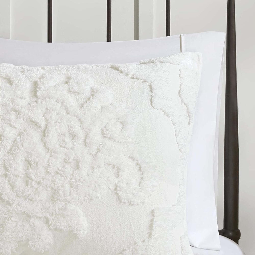 Madison Park Tufted Chenille Cotton Comforter, All Season Bedding Set, Matching Shams, Viola, Damask Off White Full/Queen(90'x90') 3 Piece