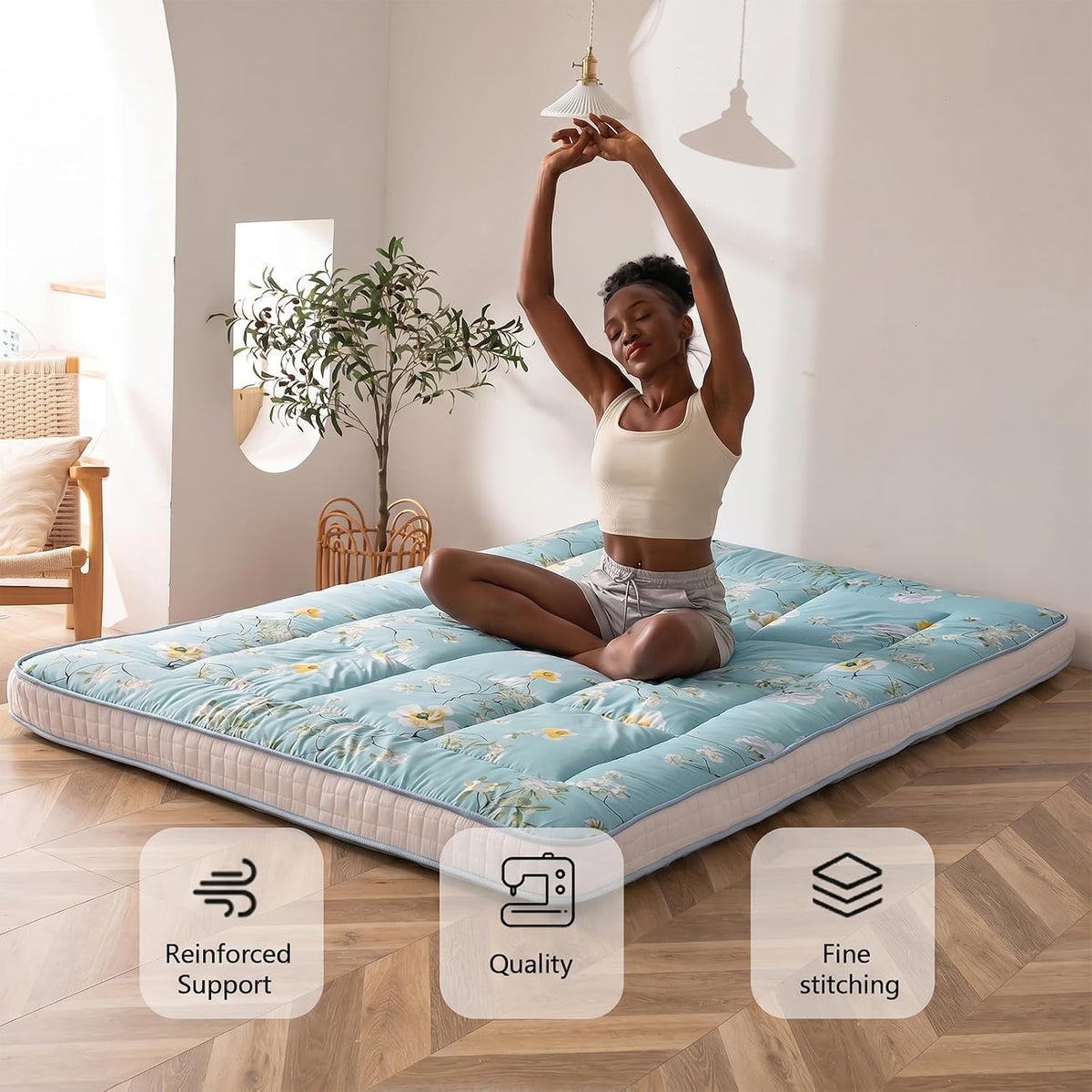 MAXYOYO Rustic Floral Korean Futon Mattress, Padded Japanese Floor Mattress Quilted Mattress Topper, Extra Thick Folding Sleeping Pad Breathable Floor Lounger Guest Couch for Camping, Queen