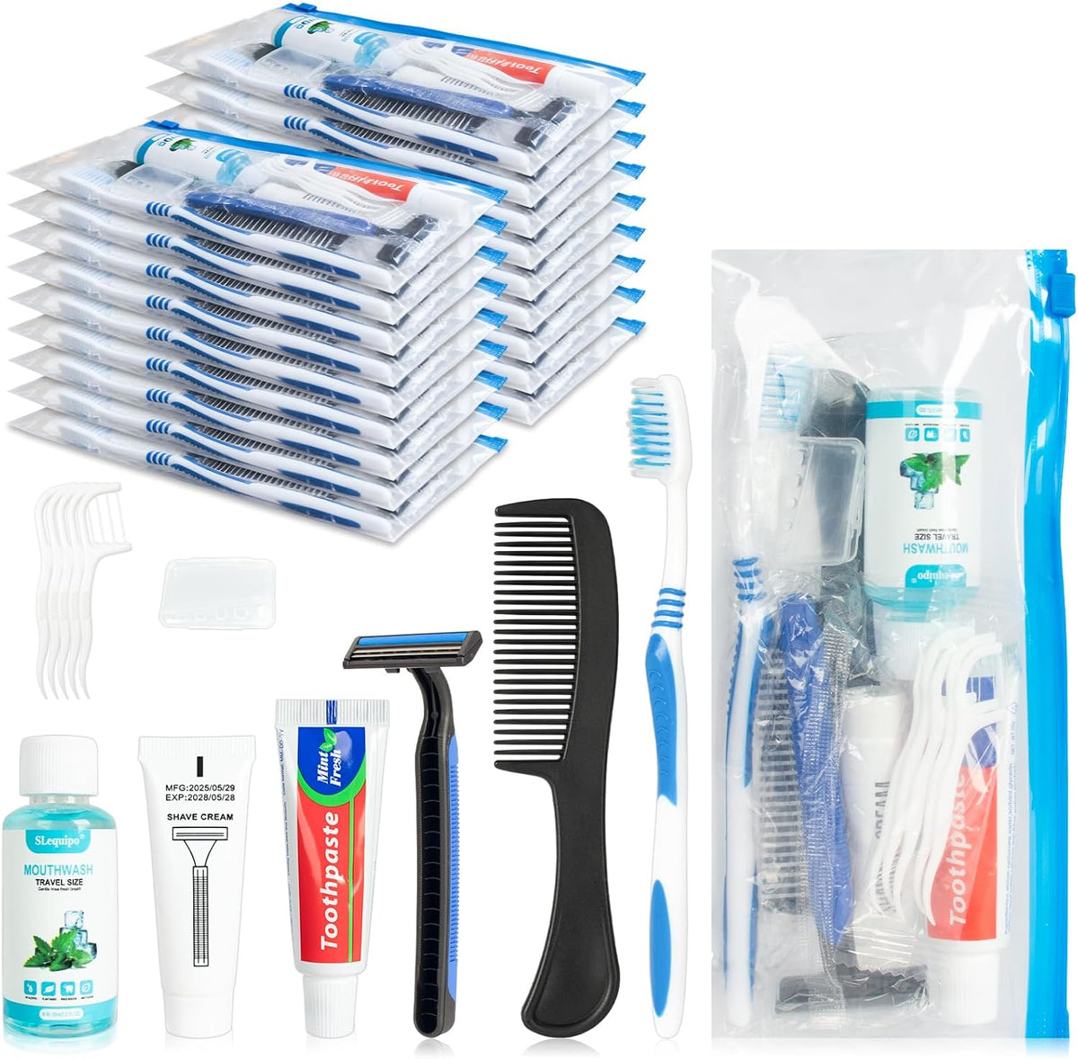 Travel Toothbrush Kit Bulk Disposable Toothbrush with Toothpaste Set with Mouthwash,Toothpaste,Shaver,Shaving Cream,Comb,Zip Bag,Floss Picks,Toothbrushes for Homeless Travel (100)