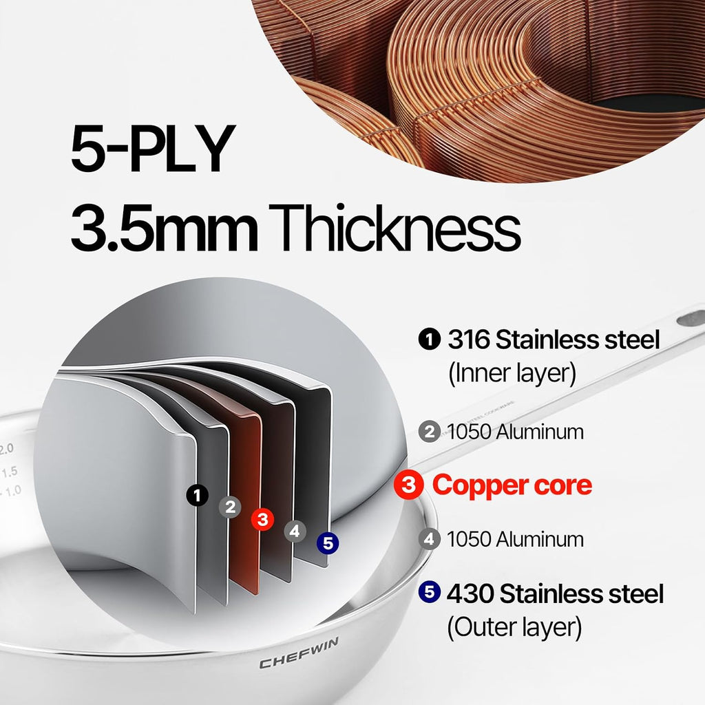 10.2 Inch Skillet Frying Pan 316 Stainless Steel Copper core 5-Ply Induction compatible Dishwasher & Oven Safe