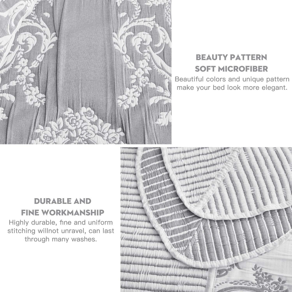HZ & HY Oversized Queen Bedspread, Jacquard Matelasse Damask Pattern Design, Lightweight, Reversible, 5 Piece, 100% Microfiber, Queen, Grey