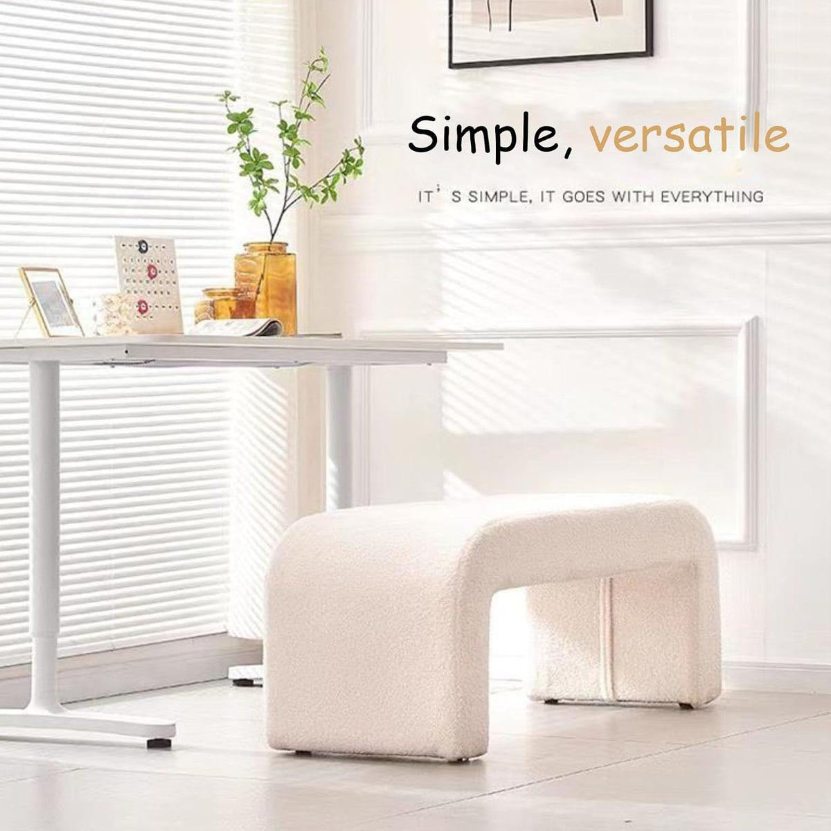 Fuzzy Sherpa Upholstered Ottoman Bench for Living Room Bedroom Entryway Modern Fabric Arched Vanity Bench End of Bed Stools Dark Green(Beige-Large)