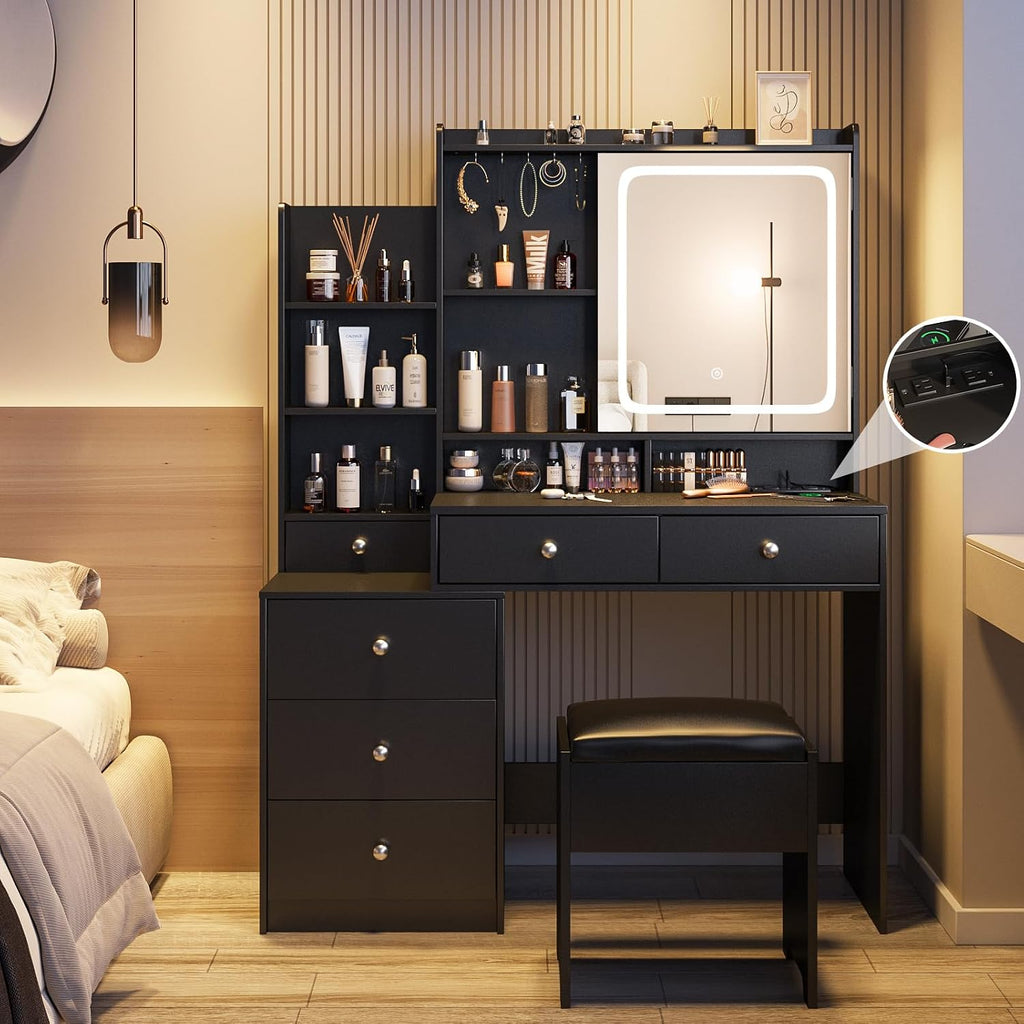 Vabches Vanity Makeup Mirror Desk with Stool,Makeup Vanity Set with 6 Drawers and Shelves,Dressing Table with Power Strip, 3 Color Modes Available,Black