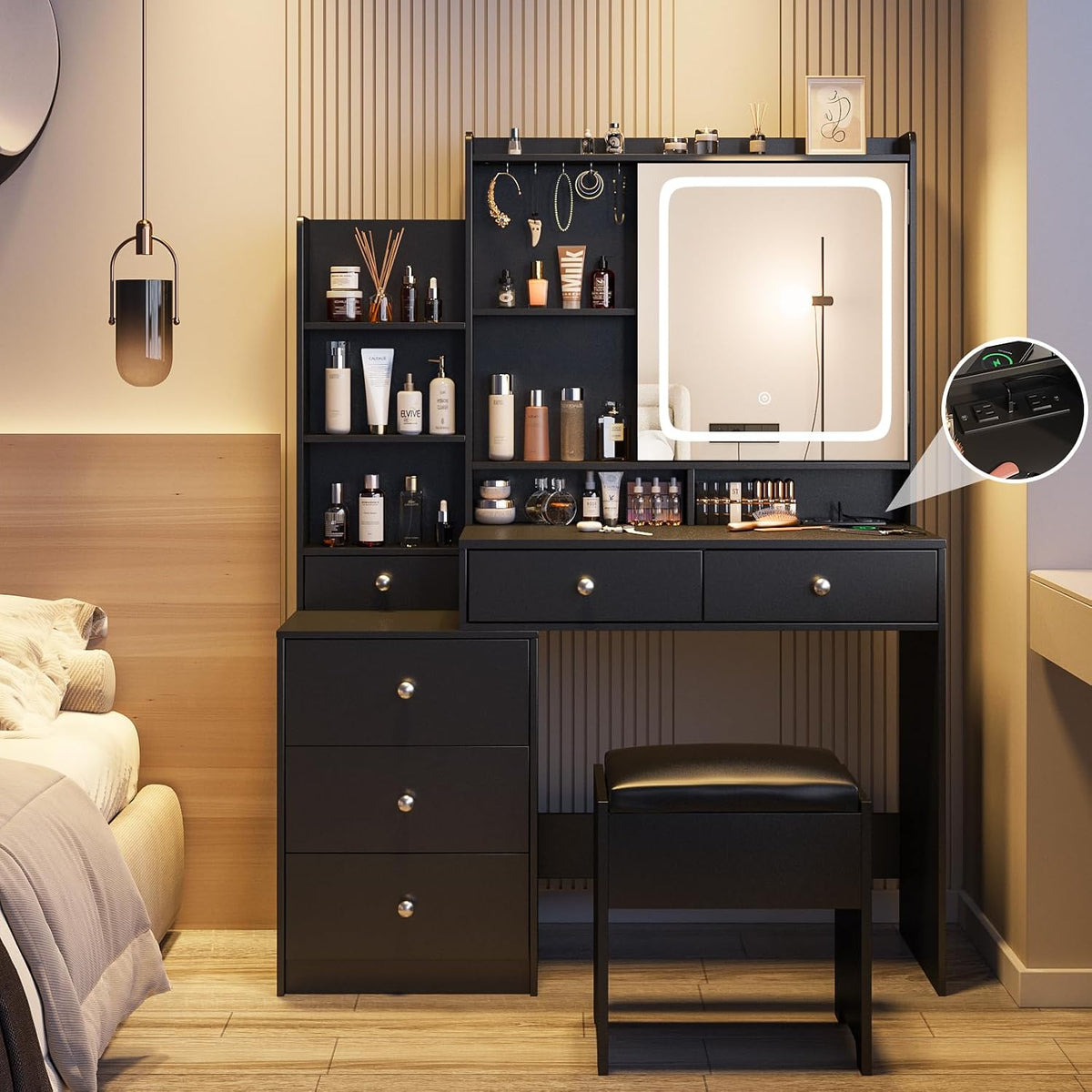 Vabches Vanity Makeup Mirror Desk with Stool,Makeup Vanity Set with 6 Drawers and Shelves,Dressing Table with Power Strip, 3 Color Modes Available,Black