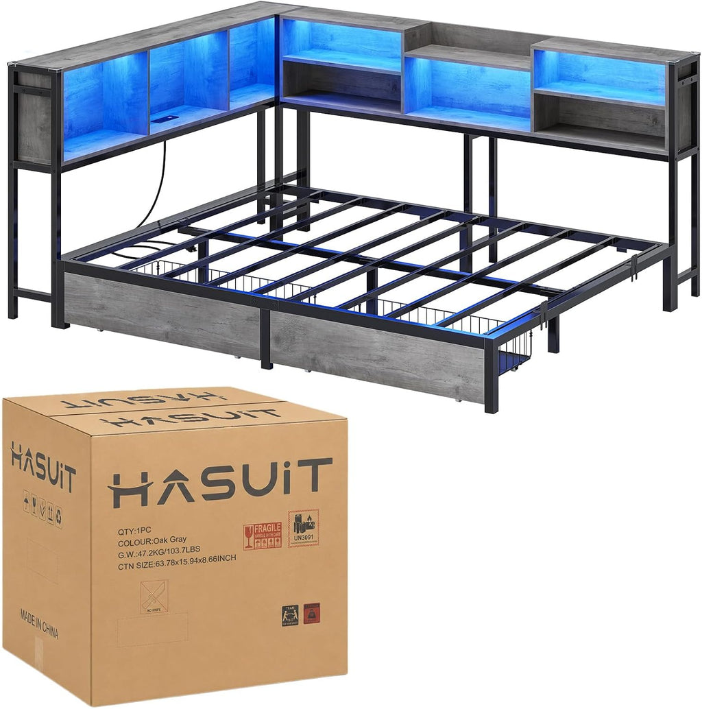 Hasuit Full Corner Bed Frame with Storage Bookcase, Full Size Daybed with 2 Underneath Storage Drawers, Kids Bed Unit with Charging Station and LED Light, Modern Teenagers Bedframe, Oak Gray