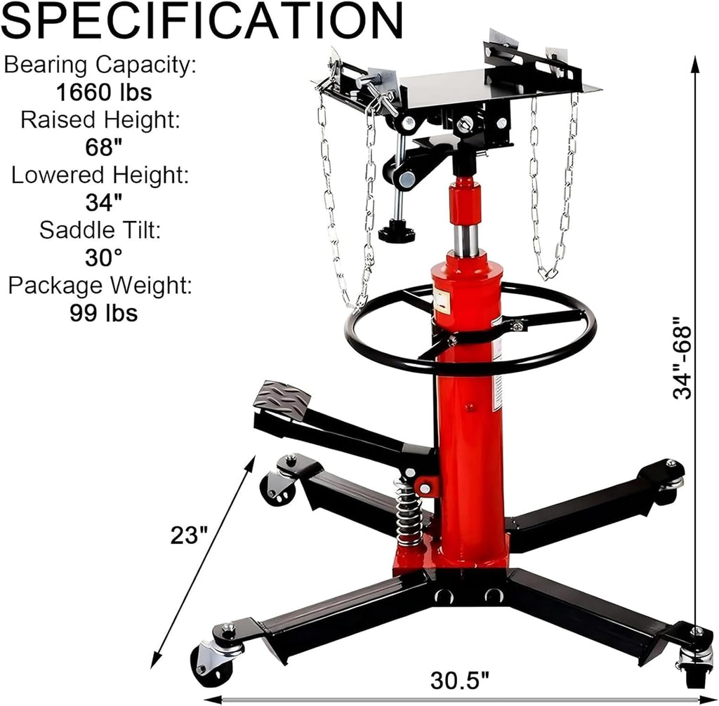 Transmission Jack 1660 lbs/ 0.75 Ton Capacity Hydraulic Telescopic Transmission Jack 34' - 68' Adjustable Height Telescoping Transmission Hydraulic with 360° Swivel Wheels Lift Hoist