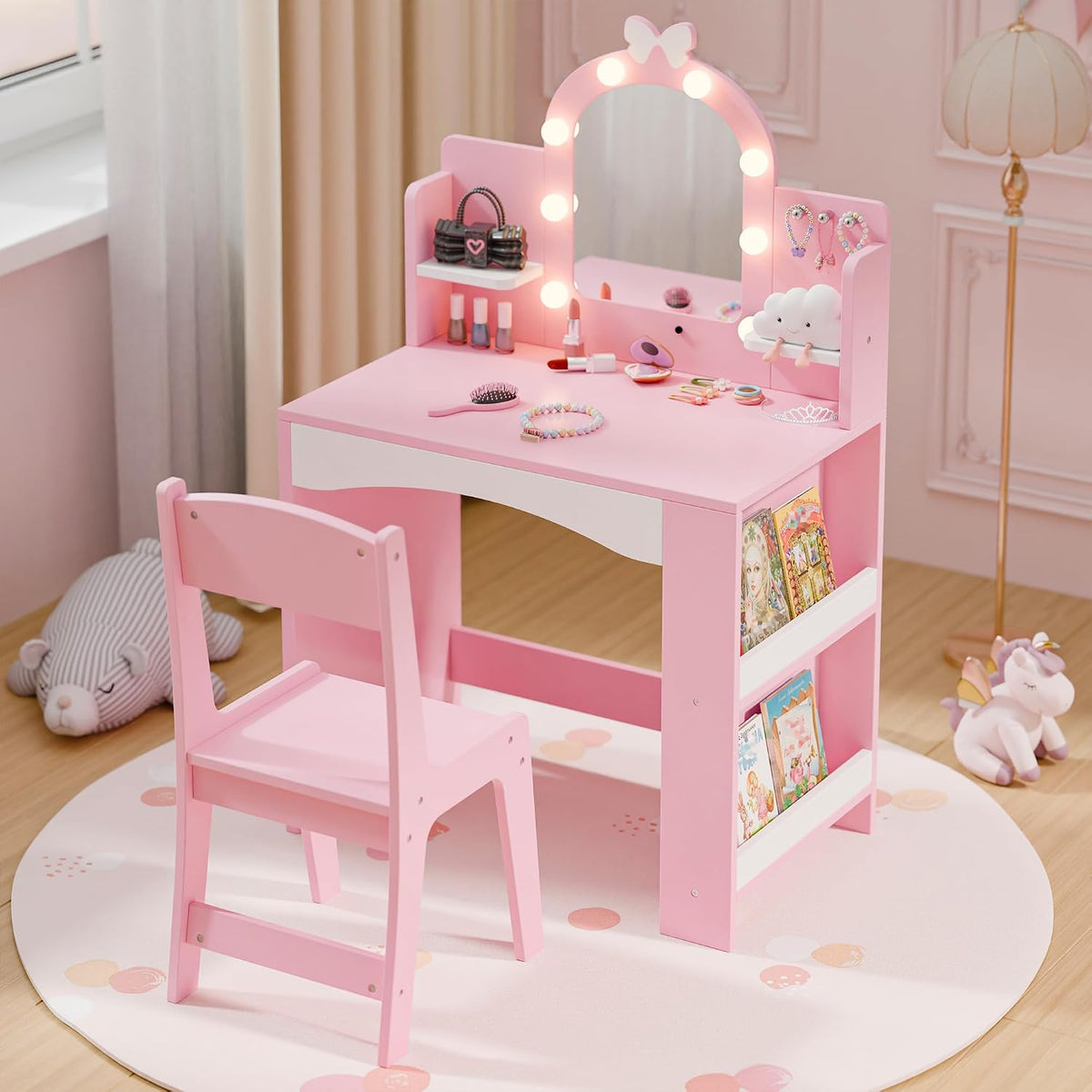 MU Kids Vanity with Lights, Princess Makeup Vanity Table and Chair Set for Girls, Toddler Vanity Desk with Open Bookshelf, Storage Cabinet & Shelves, Stools, Pink