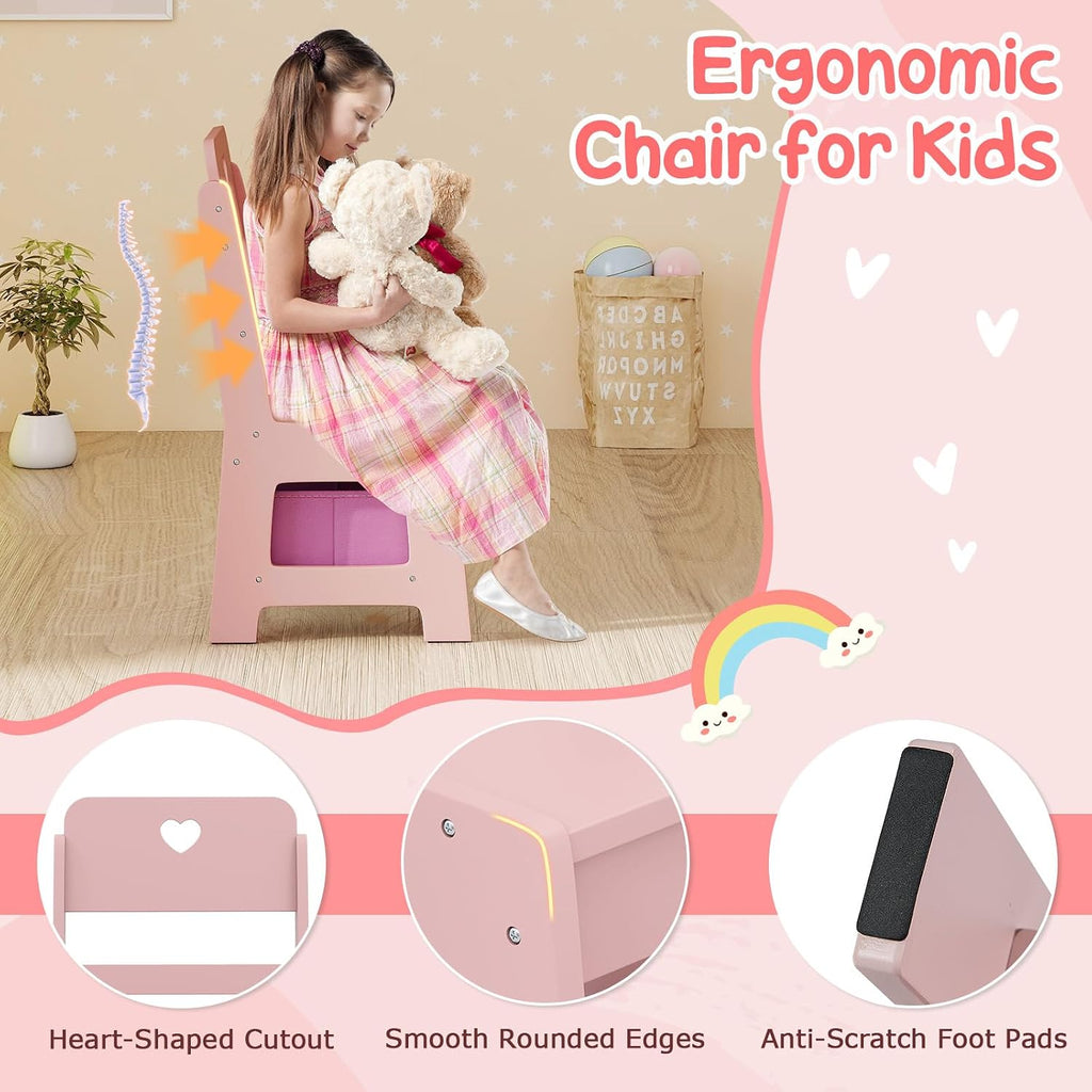 HONEY JOY Kids Vanity, Wooden Girls Vanity Set with Lighted Mirror & Open Bookshelf, Ring Slot & Jewelry Storage, Toddler Makeup Vanity Desk Dressing Table, Kids Vanity Table and Chair Set (Pink)