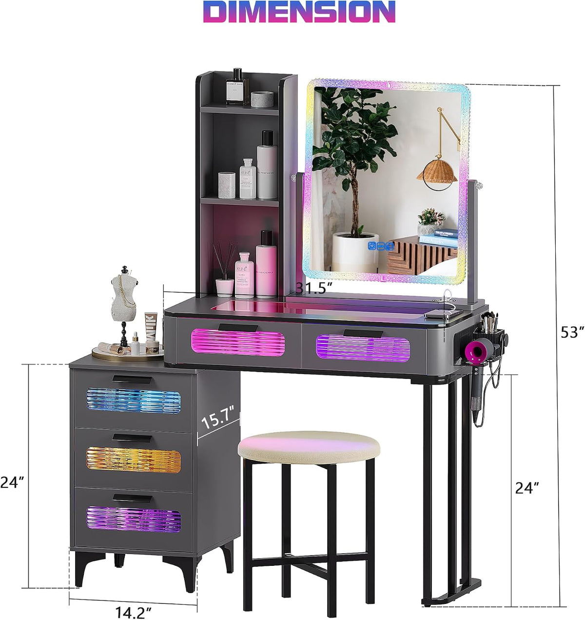 Gurexl RGB Makeup Vanity Desk with Mirror and Lights, Modern Vanity Set with Chair, LED Dressing Table with 6 Drawers and Charing Station for Bedroom, Gift for Girls