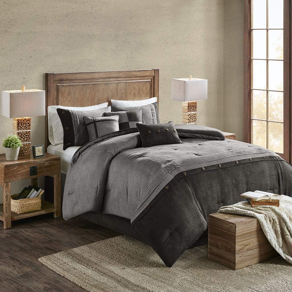 Madison Park Boone Cozy Comforter Set, Faux Suede, Deluxe Hotel Styling All Season Down Alternative Bedding Matching Shams, Decorative Pillow, King (104 in x 92 in), Rustic Grey 7 Piece Dark Grey 7pcs