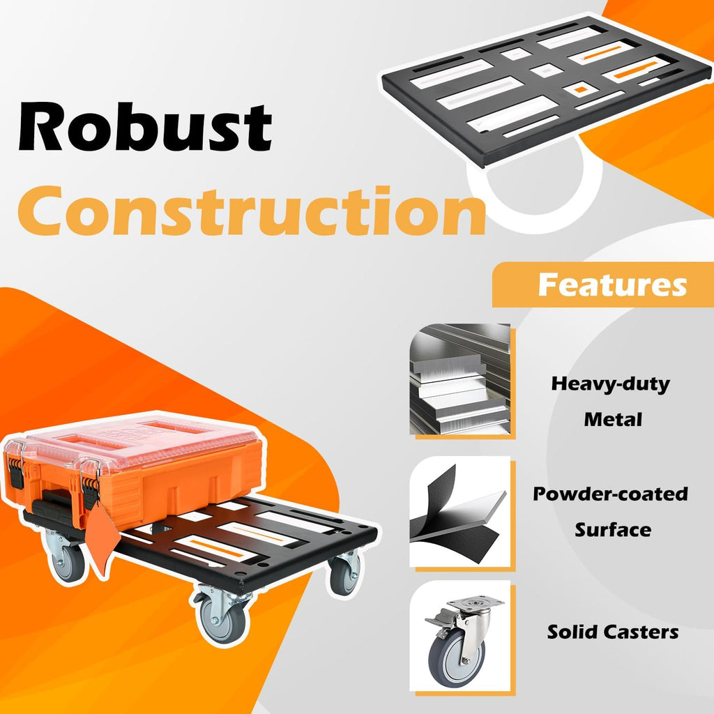 Metal Mounting Plate & Heavy-Duty Dolly with 4 Casters (2 Swivel, 2 Locking) for Klein MODbox Storage System, Powder-Coated Toolbox Base, Fits Full-Width & Half-Width Modular Boxes