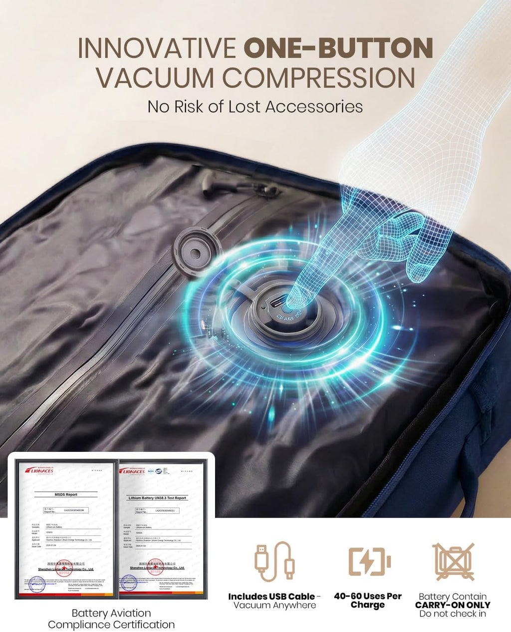 Fanwoli Rolling Vacuum Backpack Travel with One-Button Compression, 55L Expandable, Water Resistant Carry-On Suitcase Luggage, Ideal for Outdoor/Family/Trips