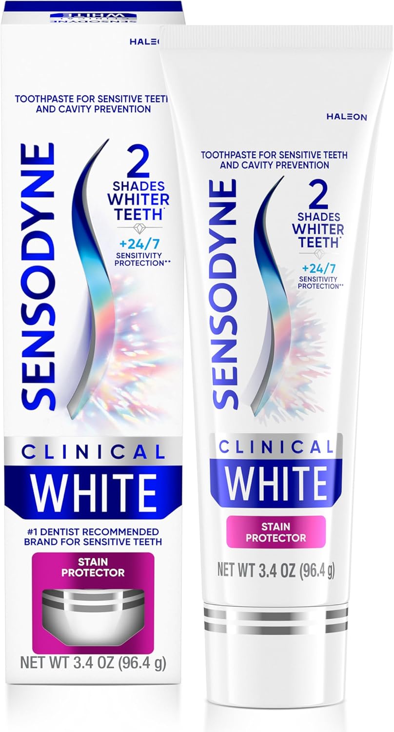 Sensodyne Clinical White Toothpaste Clinically Proven Whitening for Sensitive Teeth, Stain Protector, 3.4 oz (Pack of 12)