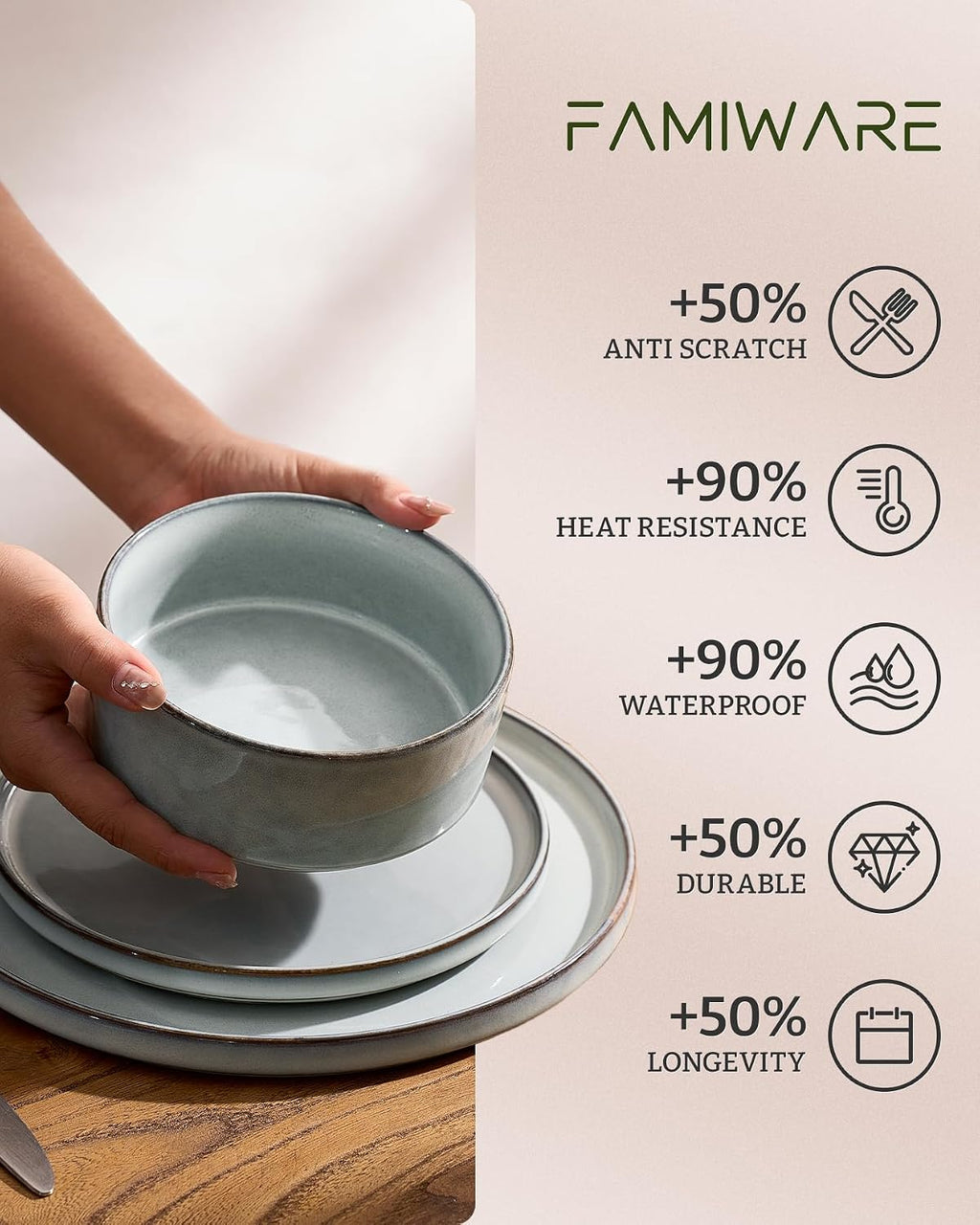 Famiware Annecy Plates and Bowls Sets, Service for 4 (16 Pieces), Dinnerware Sets with Pasta Bowls, Microwave and Dishwasher Safe Dishes Set, Chip and Scratch Resistant, Grey-Blue