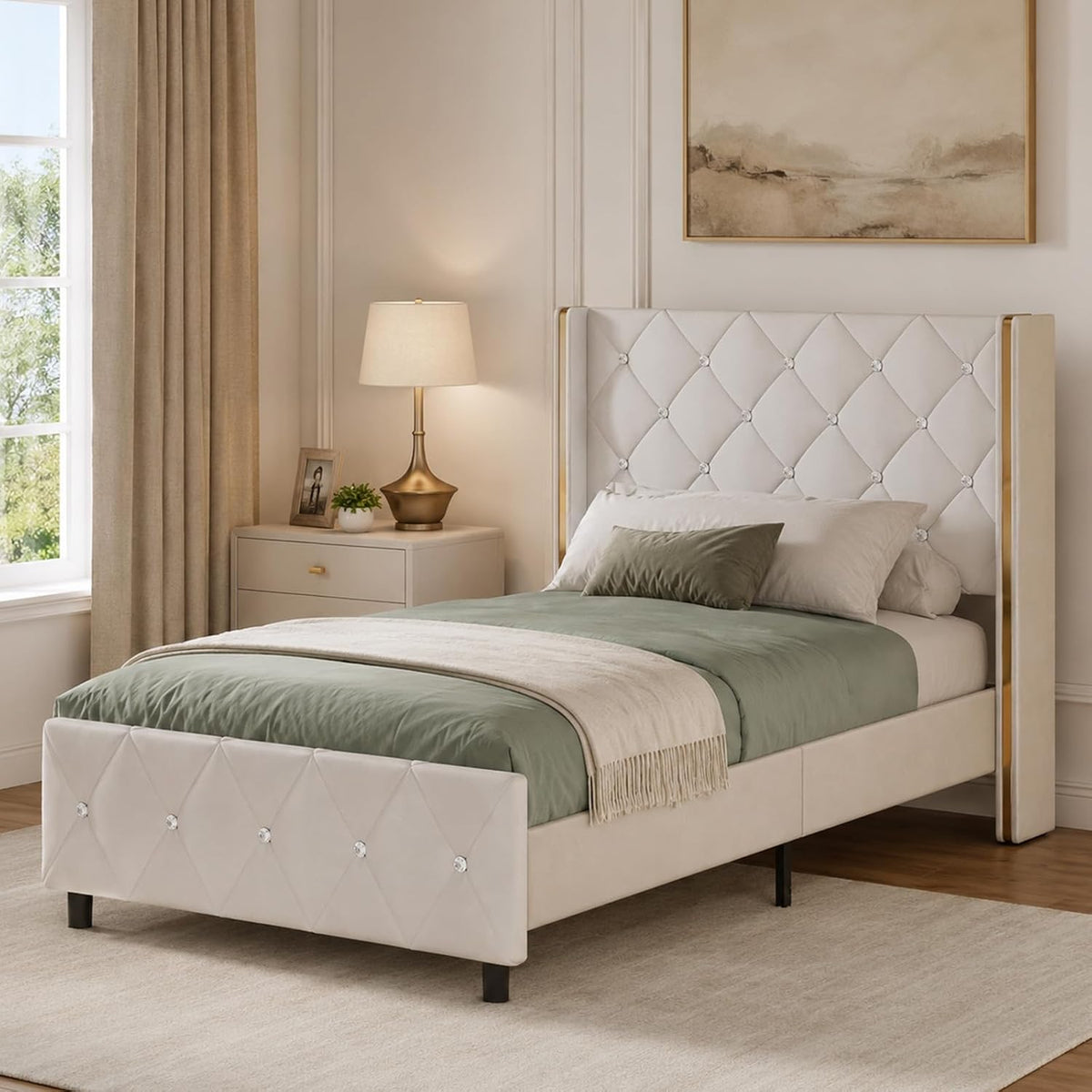 HOMBCK Twin Bed Frames with Headboard, Upholstered Twin Bed Frame with Diamond Tufted Wingback Headboard, 600lbs Heavy Duty Support, Gold Metal Edge Accents, No Box Spring Needed, White Leather