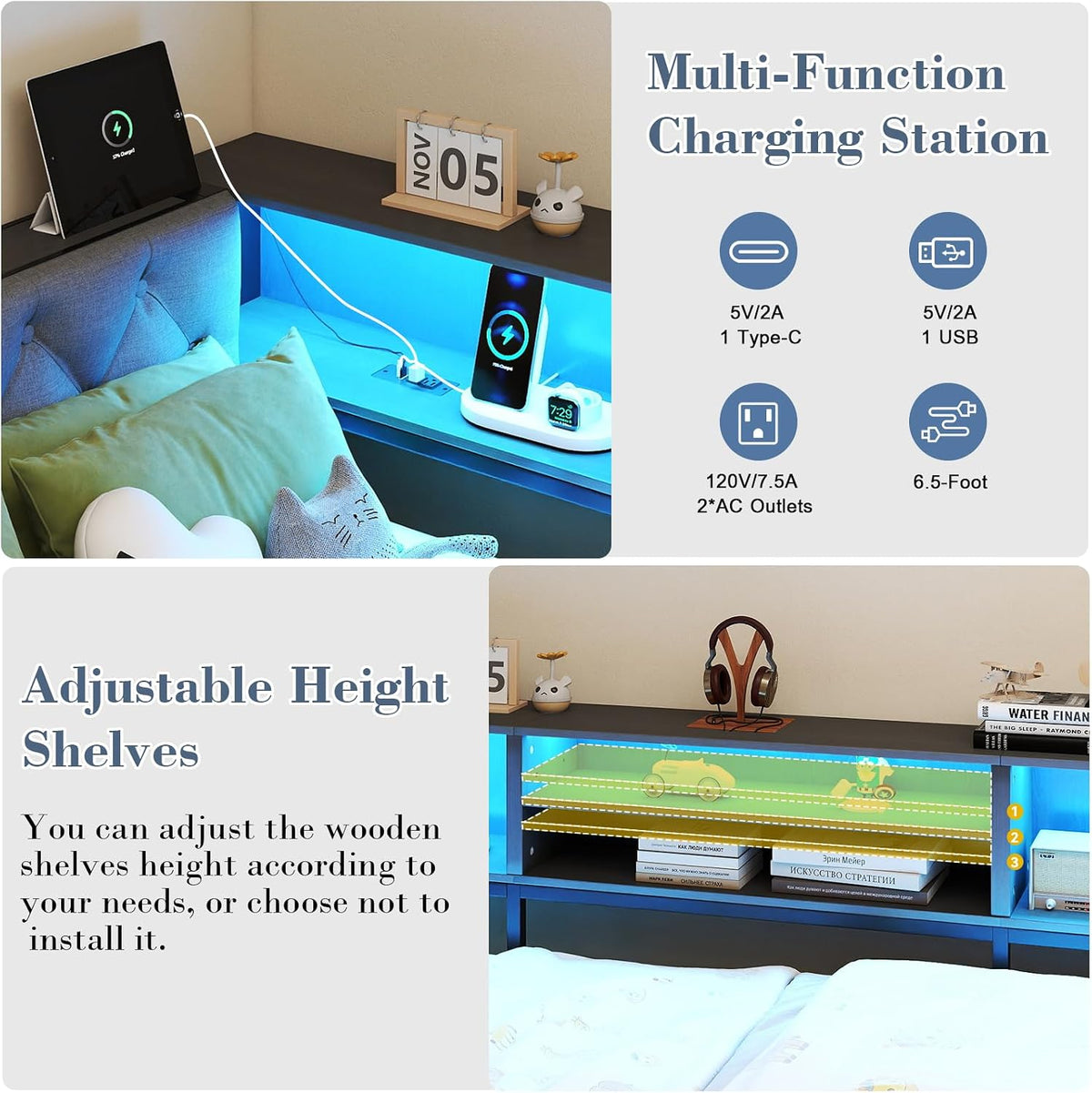 Doltoro Corner Bed Frame Twin XL with Storage Bookcase and Headboard, Platform Corner Bed with LED Lights and Charging Station, Twin XL Daybed with Storage Drawers for Kids Teens Guests, Dark Gray