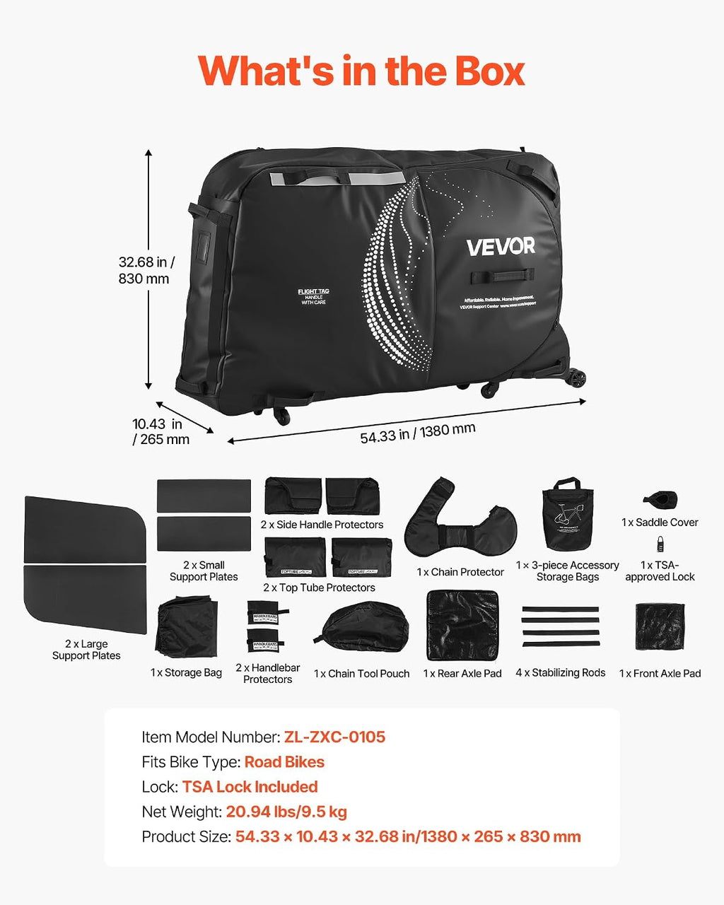 VEVOR Bike Travel Bag, Transport Universal Bicycle Storage Case Bag with TSA Lock, Support Plates, Protection and Fork Mount Stabilisation, Bicycle Case Max. Wheelbase 51 in for Airplane, Outdoor Use