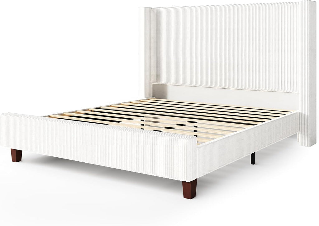 HOWE Queen Size Bed Frame with 50.8' Tall Wingback Headboard, Modern Corduroy Upholstered Platform Bed Frame with Solid Wood Slats & Legs, No Box Spring Needed, Noise-Reducing Design, White