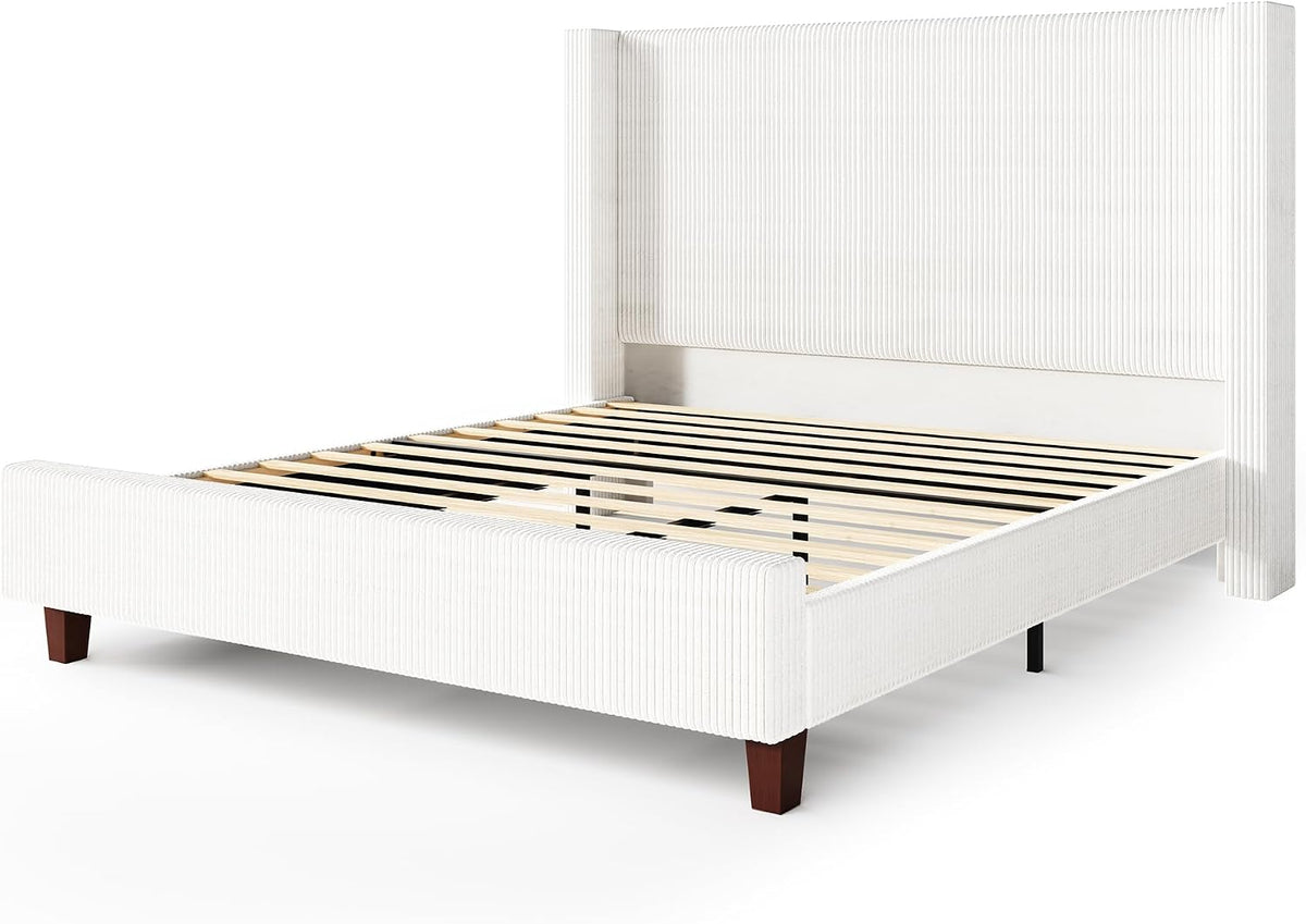 HOWE King Size Bed Frame with 50.8' Tall Wingback Headboard, Modern Corduroy Upholstered Platform Bed Frame with Solid Wood Slats & Legs, No Box Spring Needed, Noise-Reducing Design, White