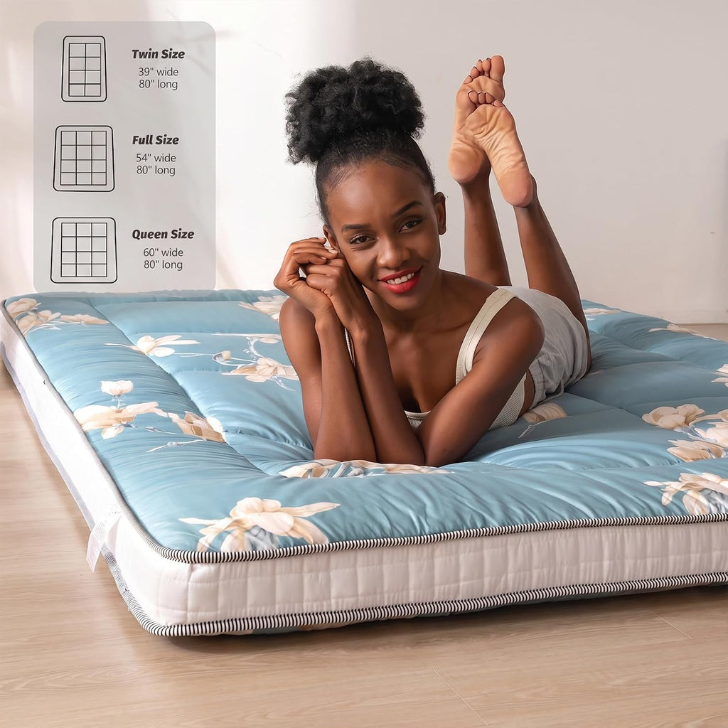 MAXYOYO Floral Printed Futon Mattress, Padded Japanese Floor Mattress Quilted Mattress Topper, Extra Thick Folding Sleeping Pad Breathable Floor Lounger Guest Couch for Camping, Queen Size