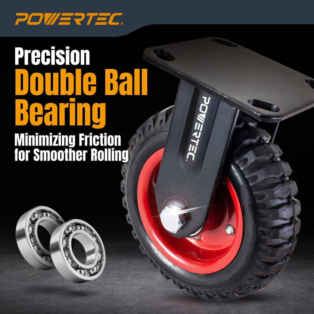 POWERTEC 6 Inch Caster Wheels Set of 8 (4 Swivel & 4 Fixed), Heavy Duty Rubber Casters Knobby Tread for Workbench, Dolly, Cart, Trolley, Wagon, Toolbox and Chicken Coop, Large Castor Wheels (17054-P2)