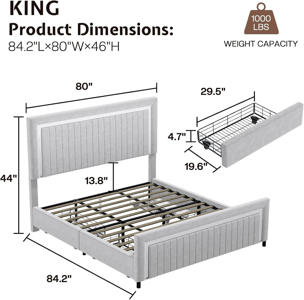 Jocisland King Size Upholstered LED Bed Frame with 4 Storage Drawers, Velvet Platform Bedframe with Channel Tufted Adjustable Headboard, Gray