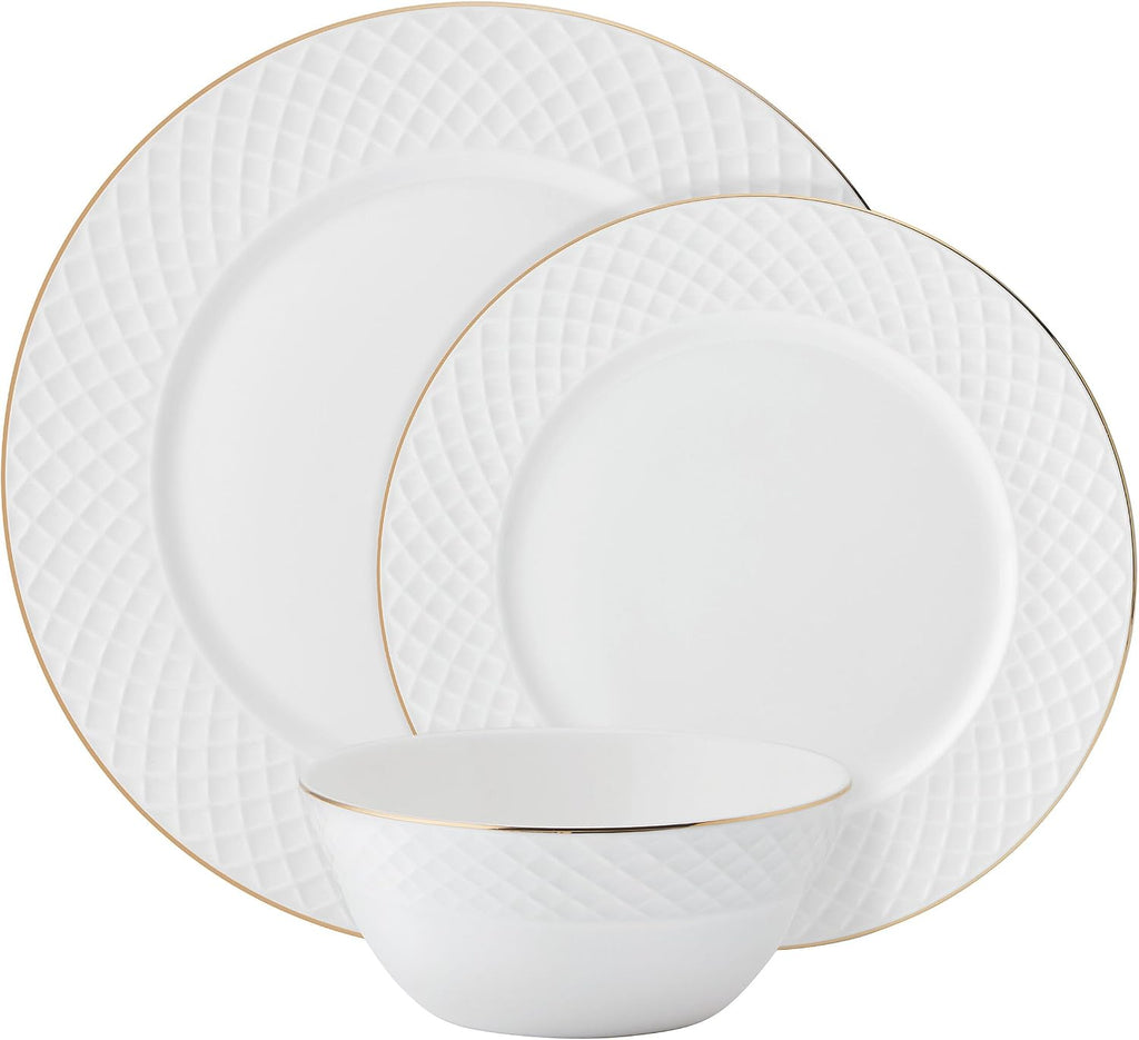 Mikasa Trellis Gold Rim Bone China Lightweight Chip Resistant 12 Piece Dinnerware Set, Service for 4